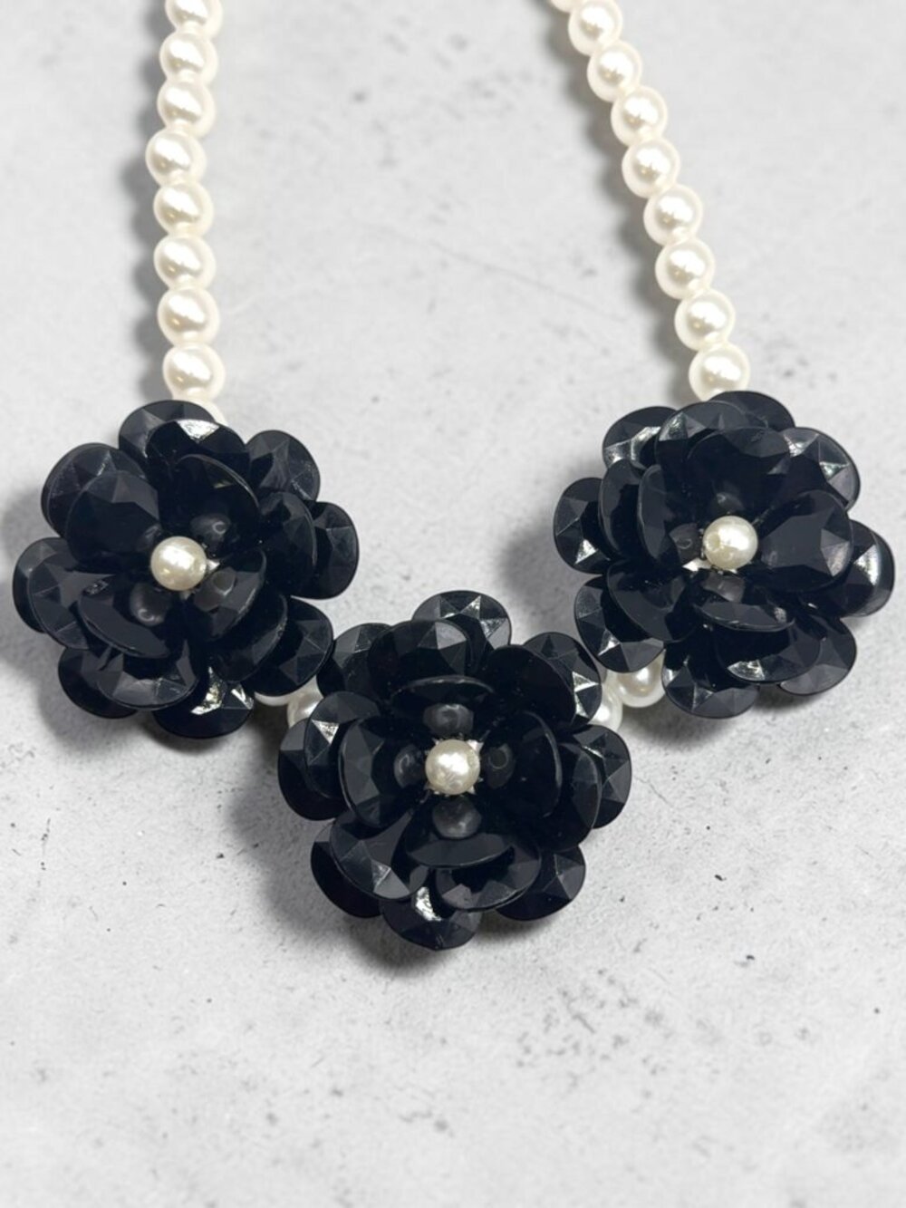 Silver-Tone Faux Pearl and Black Flower Statement Necklace